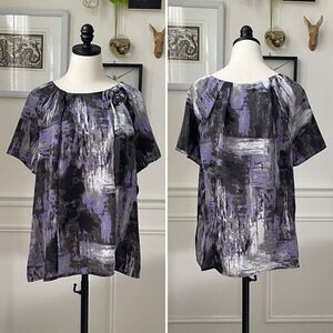 Worthington Purple Grey Black Brushstroke Print Pullover Satin Blouse XL